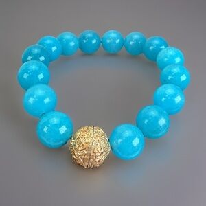 Bright Blue Stone and Goldtone Beaded Stretch Bracelet
